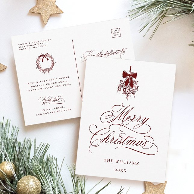 Postal Red Holly Berry Bouquet Romántico Feliz Navidad (Front & Back)