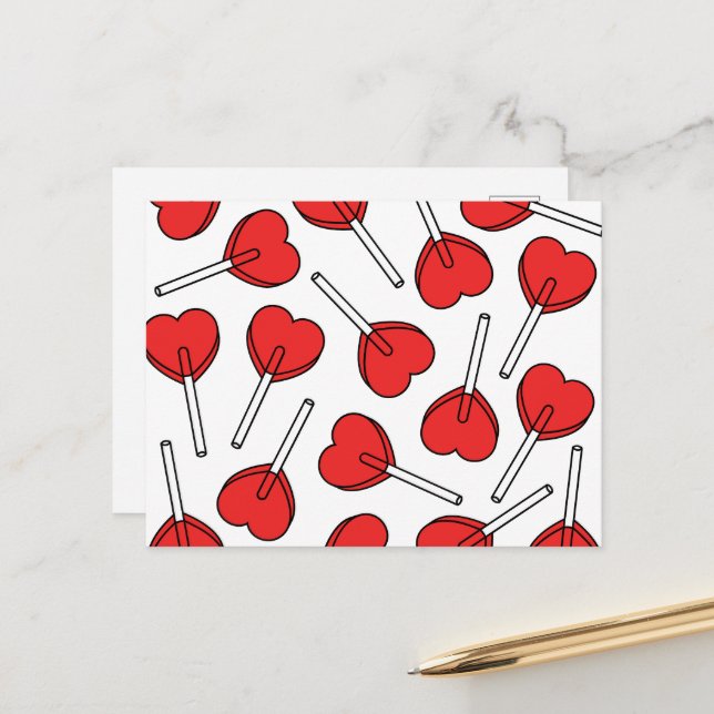 Postal Red Lollipops, Heart Lollipops, Lollipop Pattern (Anverso/Reverso In Situ)