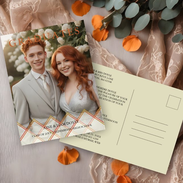 Postal Red Orange Overlay Transparency Shapes Photo Grads (Red Orange Shades Overlay Transparency Shapes Photo Two Graduates Postcard Invitation.)