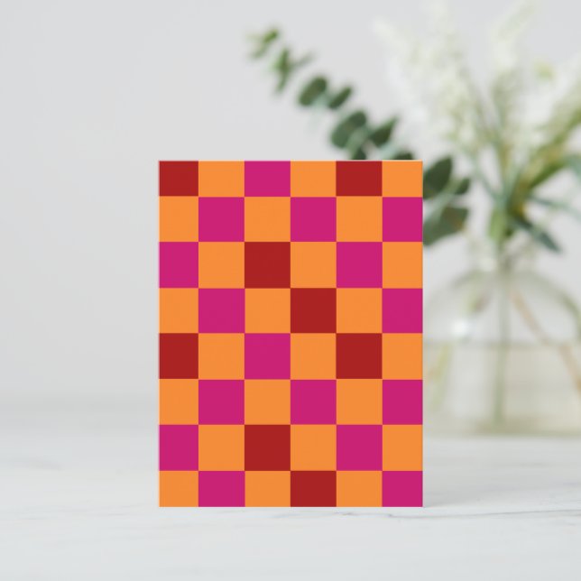 Postal Red Orange Pink Checkered Pattern Design  (Anverso de pie)