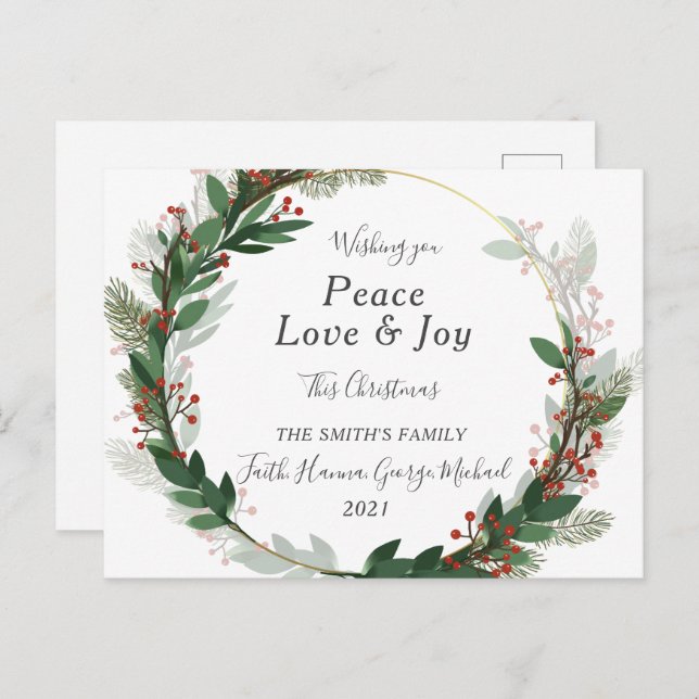 Postal Red Peace Love Joy Family Merry Christmas Postcard (Anverso / Reverso)