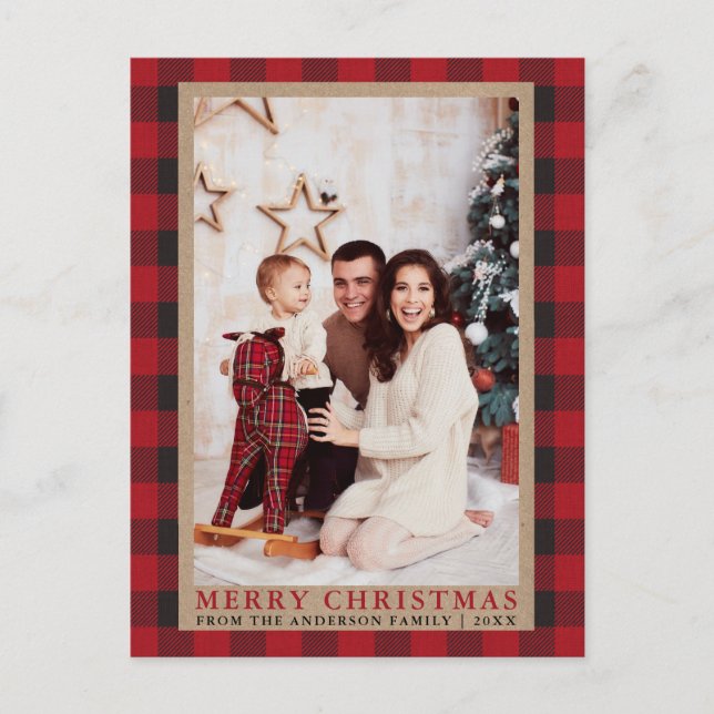 Postal Red Plaid Family Photo Merry Christmas Kraft (Anverso)
