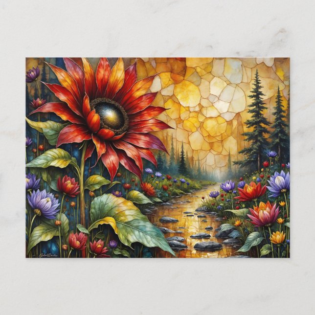 Postal Red Sunflower in valley by stream (Anverso)