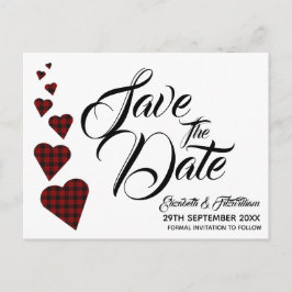 Postal Red Tartan Heart Save the Date Postcard