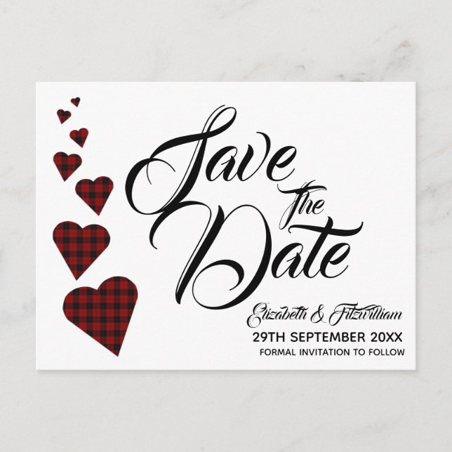 Postal Red Tartan Heart Save the Date Postcard (Anverso)