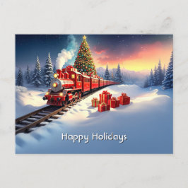 Postal Red Train Christmas Tree Holiday Postcard