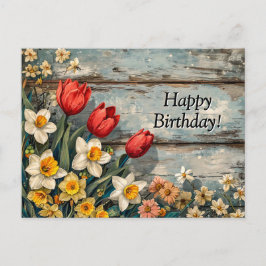 Postal Red Tulips and Daffofils on Blue Wood