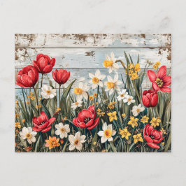 Postal Red Tulips and Daffofils on Blue Wood