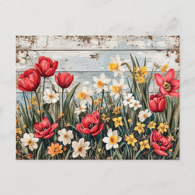 Postal Red Tulips and Daffofils on Blue Wood (Anverso)