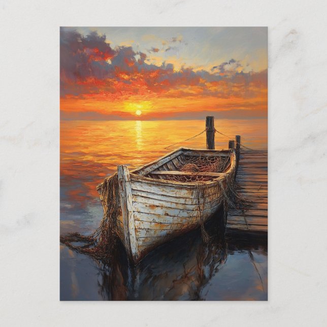 Postal Redes anticuadas de pesca en barco por el muelle (Anverso)
