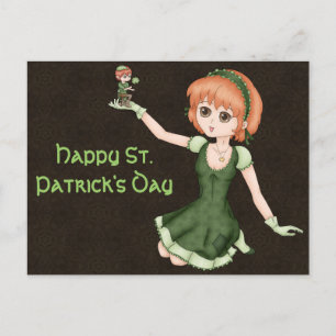 Postal Redhead Anime Chica Y Leprechaun