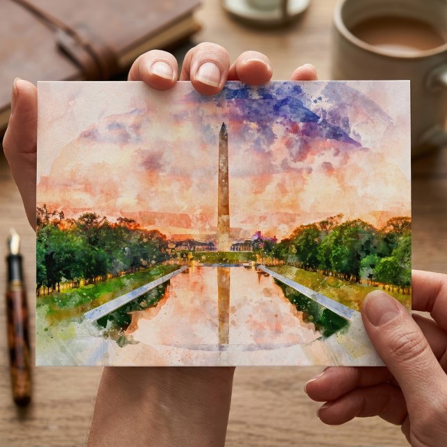 Postal Reflejo del Monumento a Washington en Puesta de So (Washington Monument Watercolor Sunset Reflection. Postcard)