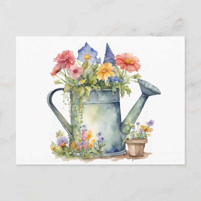 Postal Regadera pastel con flores de jardín acuarela (Anverso)