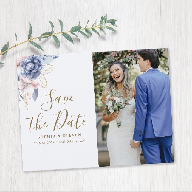 Postal Regal Blue & White Wedding with Gold Accents (Subido por el creador)