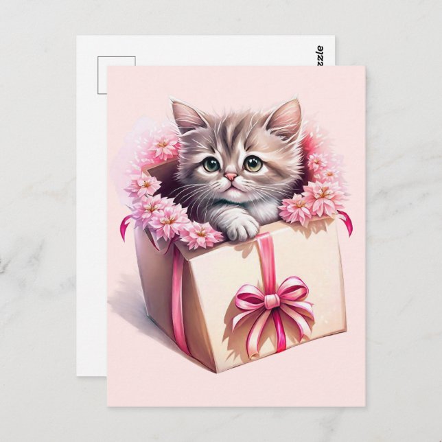 Postal Regalo de cumpleaños de gatito adorable en una caj (Anverso / Reverso)