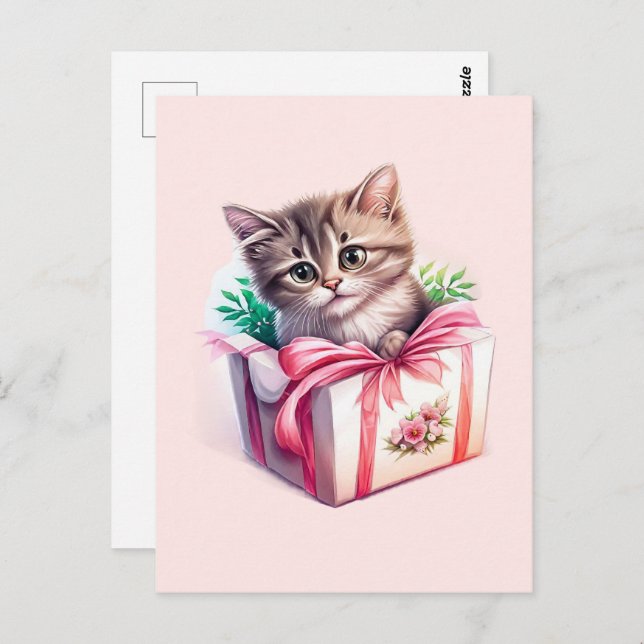 Postal Regalo de cumpleaños de gatito lindo en una caja (Anverso / Reverso)