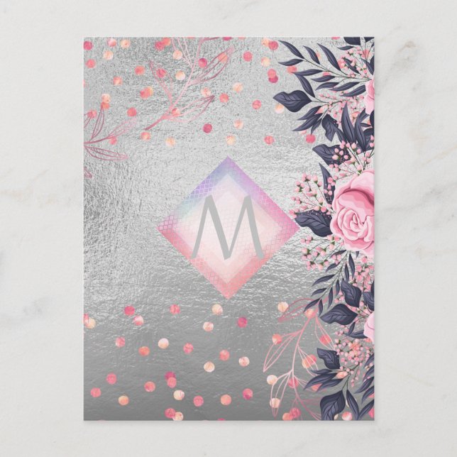 Postal Regalo de la Marina Plata Monograma Rosegold Girly (Anverso)