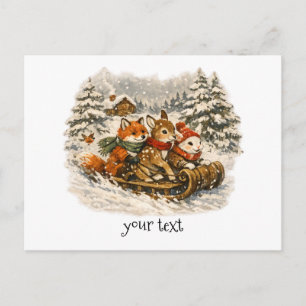 Postal Regalo de trineo de animales del bosque de Navidad