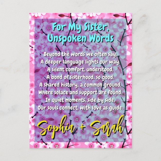 Postal Regalo único de hermana | Poema floral rosado (Anverso)