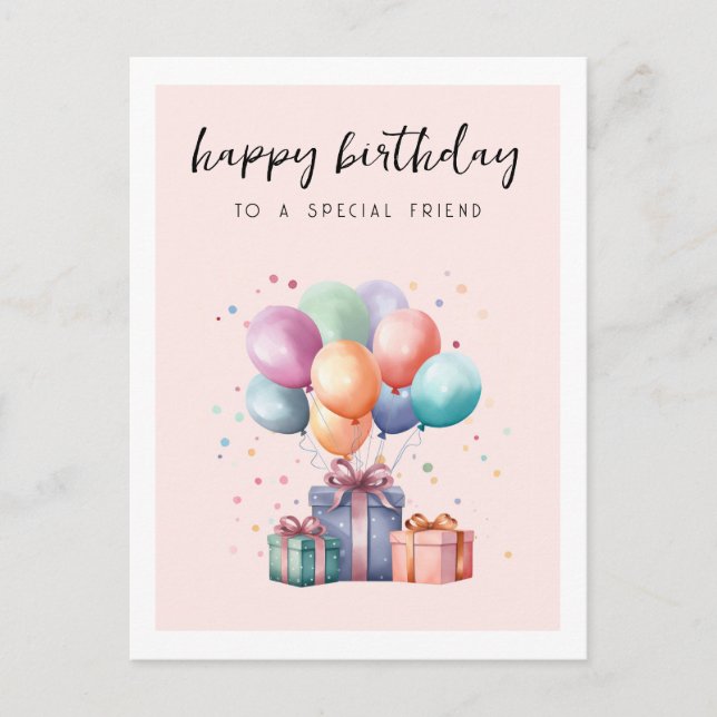 Postal Regalos de Acuarela Lindos Globos Cumpleaños Amigo (Anverso)