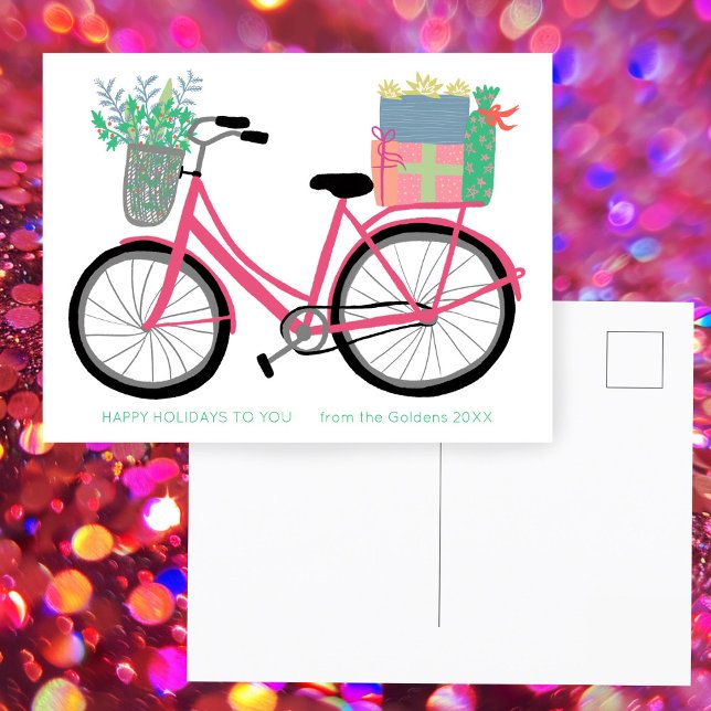 Postal Regalos de bicicleta de Navidad ADORABLES FIESTAS  (Adorable Christmas Bicycle Gifts Pink Cute CUSTOM HOLIDAY Postcard
)