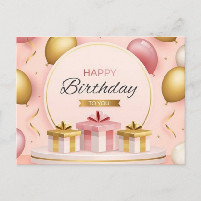 Postal regalos de cumpleaños felíz amor pastel oro globos (Anverso)