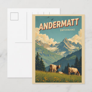 Postal Regalos de esquí vintage ANDERMATT Suiza Alpes sui
