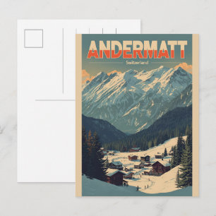 Postal Regalos de esquí vintage ANDERMATT Suiza Alpes sui