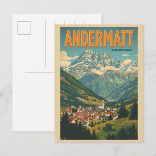 Postal Regalos de esquí vintage ANDERMATT Suiza Alpes sui