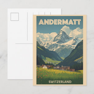 Postal Regalos de esquí vintage ANDERMATT Suiza Alpes sui