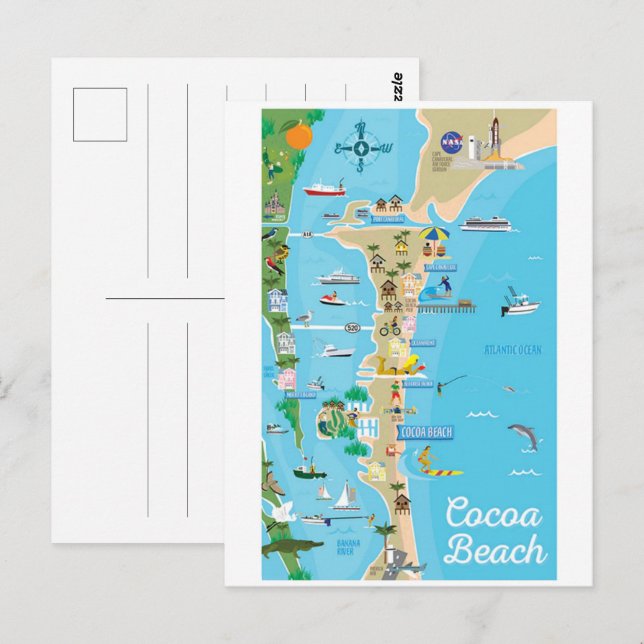Postal Regalos de mapas de la línea costera de Cocoa Beac (Anverso / Reverso)