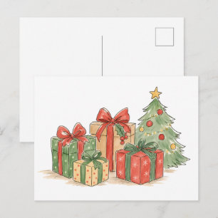 Postal Regalos de Navidad apilados con árbol para regalo