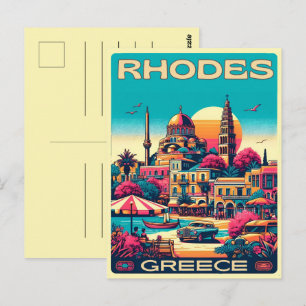 Postal Regalos de viaje de vacaciones a Retro Rhodes City