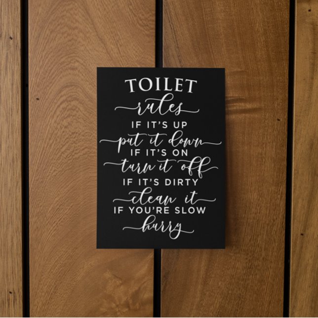 Postal Reglas Divertidas del Inodoro – Texto Blanco Elega (Funny Toilet Rules – Elegant White Text on Black Postcard)
