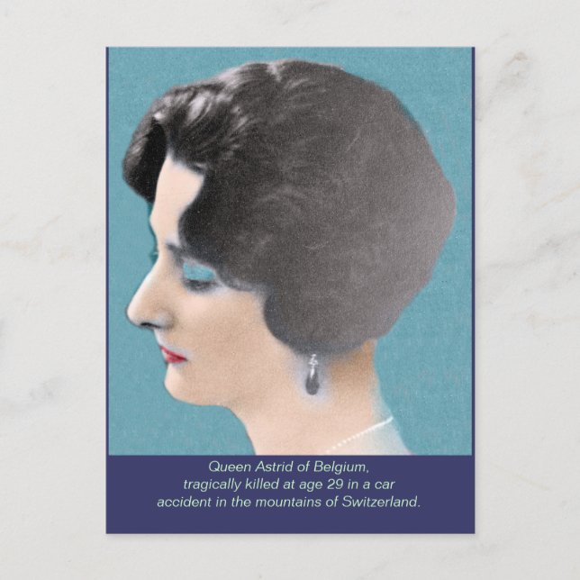 Postal Reina Astrid de Bélgica de color manual (Anverso)