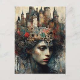 Postal Reina de cuento de hadas con castillo en la cabeza