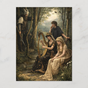 Postal Reina de cuento de hadas medieval en bosques con a