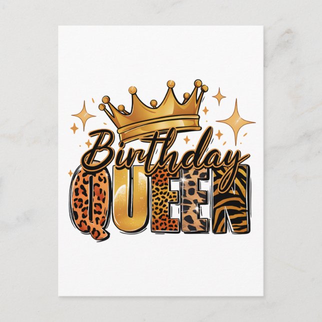 Postal Reina de Cumpleaños con Corona Dorada Leopardo (Anverso)