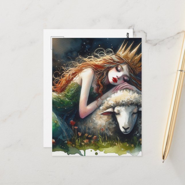 Postal Reina de hadas somnolientas y su acuarela de oveja (Anverso/Reverso In Situ)