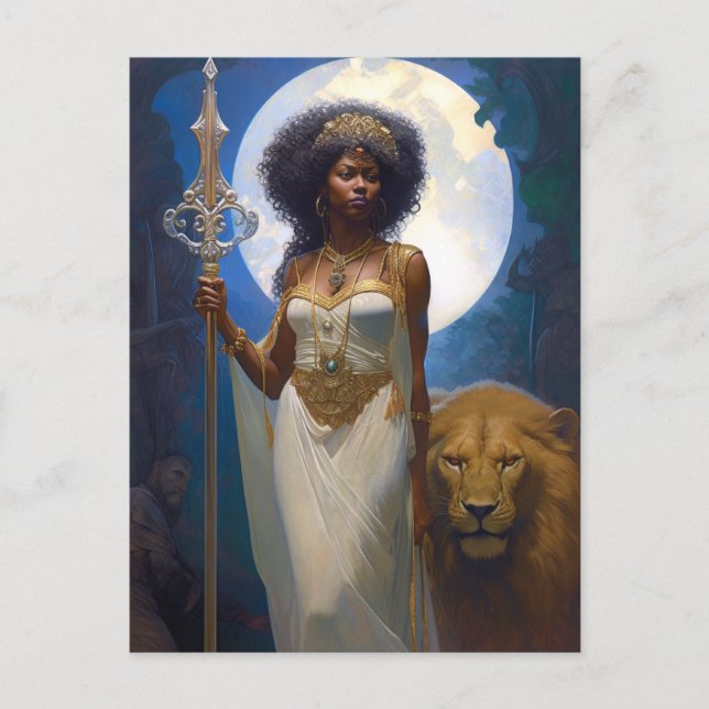 Postal Reina de mujer negra con arte de fantasía de león (Anverso)