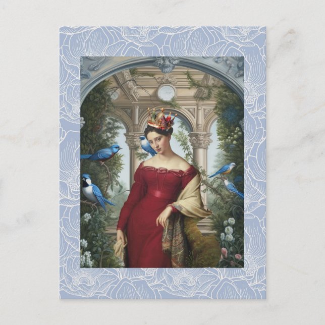 Postal Reina de rojo con pájaros azules (Anverso)