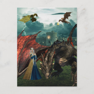 Postal Reina Dragones Wyvern Respirando Fuego Castillo
