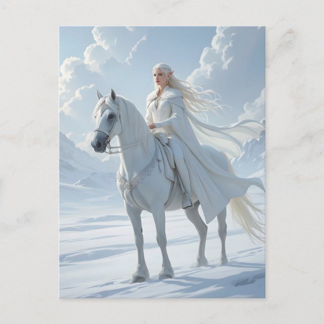 Postal Reina Elfa Cabalgando un Majestuoso Caballo Blanco (Anverso)