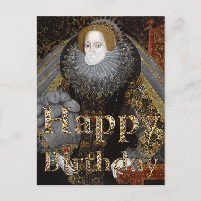 Postal Reina Isabel I chicle blanco Feliz Cumpleaños (Anverso)