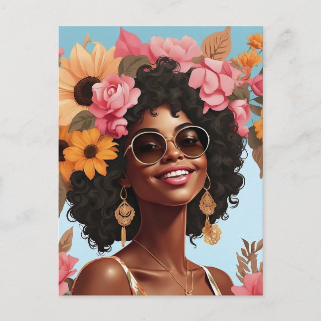 Postal Reina negra floral afro melanina mujer amor floral (Anverso)