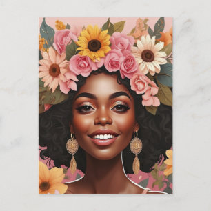 Postal Reina negra floral afro melanina mujer amor floral