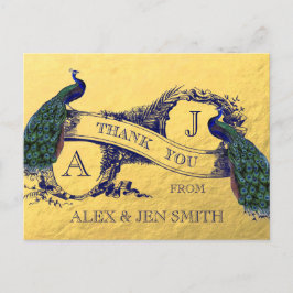 Postal Relieve metalizado dorado Boda Peacock Gracias Pos