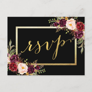 Postal Relieve metalizado dorado falso Burgundy Floral Bl