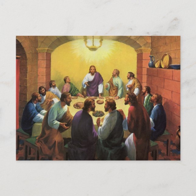 Postal Religión vintage, última cena con Jesucristo (Anverso)