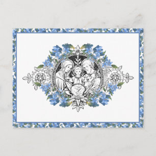 Postal Religiosa Santa Familia Elegante Floral Azul Graci